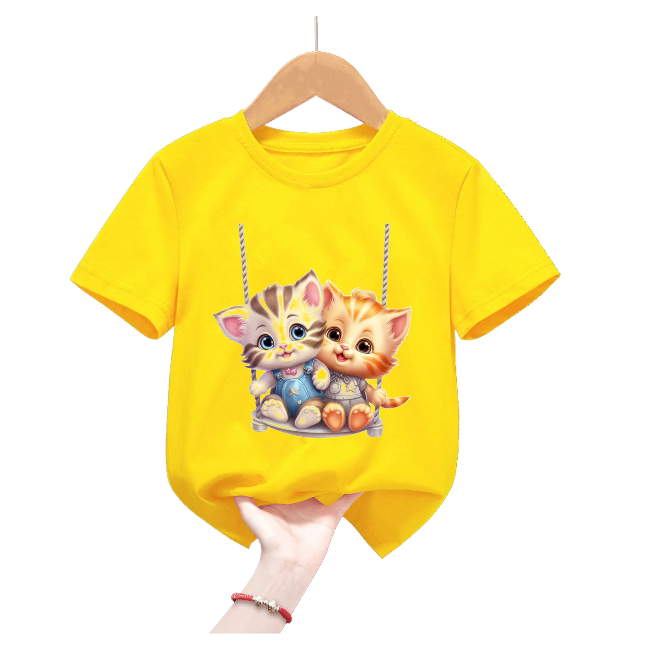 Funny Cat Animal Print Yellow Tshirt Girls/Boys Best Friends Kids Clothes Summer Tops Short Sleeve T-Shirt Children'S Clothing