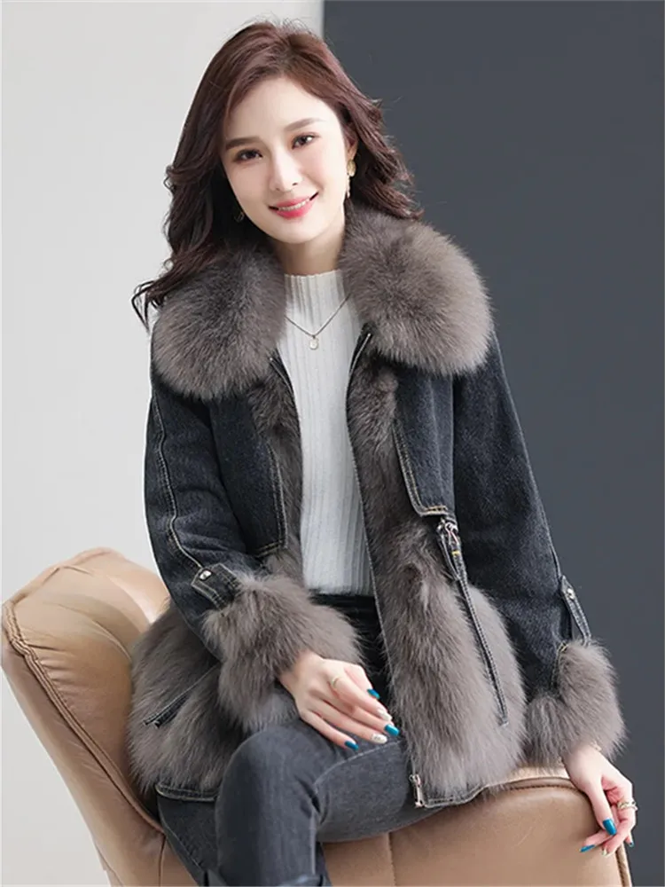 Denim Patchwork Faux Fur Women\'s Jackets Fashion Zipper Design Thick Short Parka Coat Streetwear Winter Chaquetas Para Mujeres