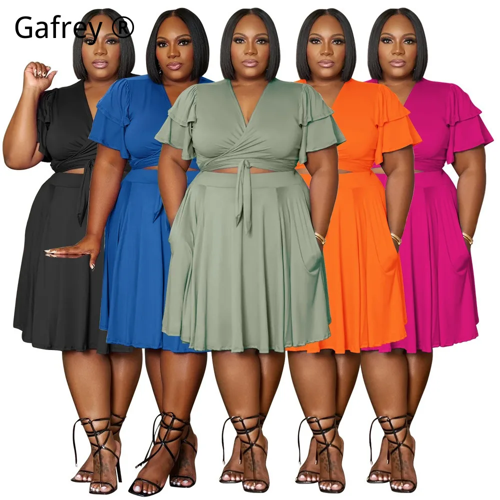 

Женский комплект из 2 предметов размера 5XL: короткое платье с V-образным вырезом, рукавами с рюшами, завязками на талии и карманами, элегантный повседневный наряд для вечеринок.