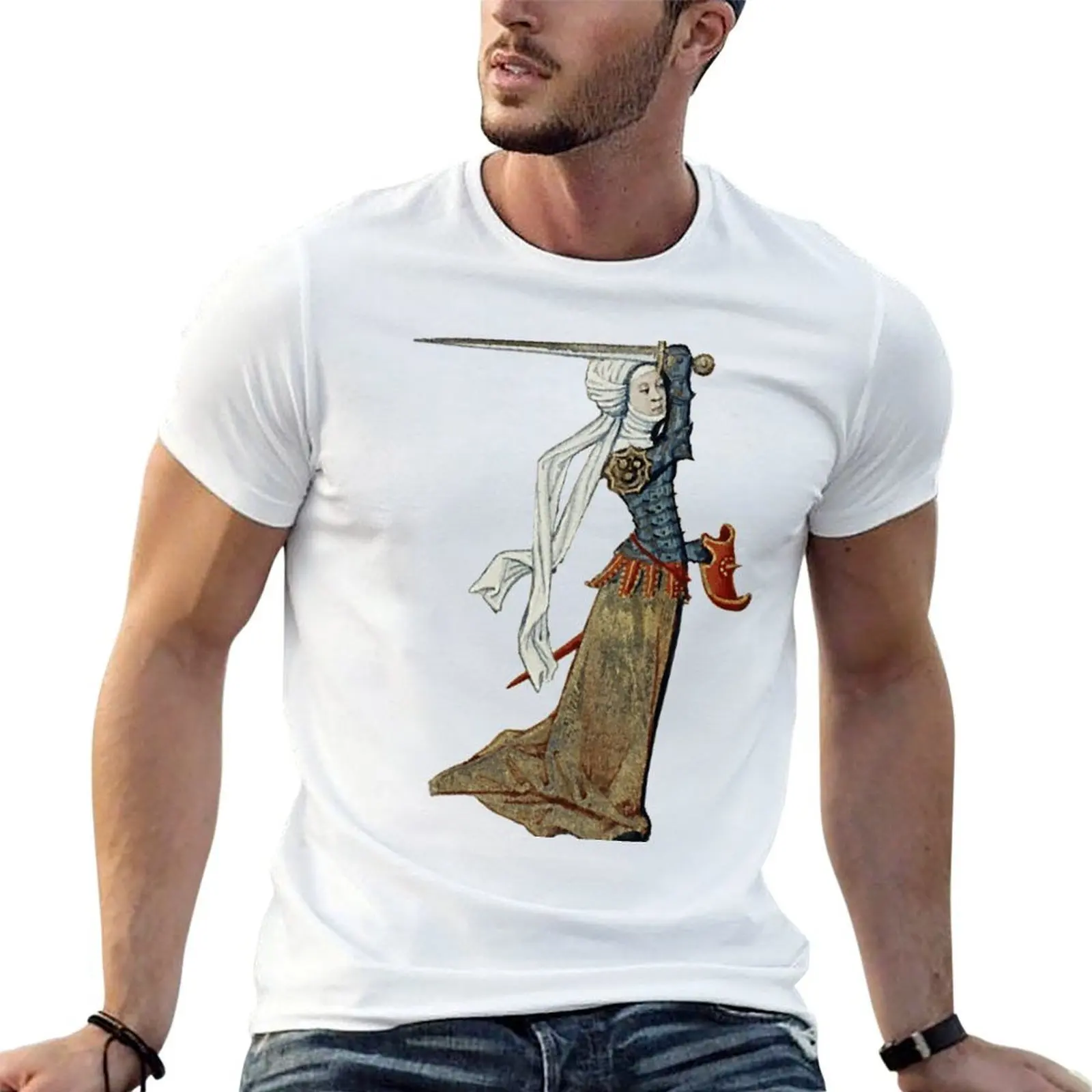 Medieval Warrior Woman with Sword & Buckler T-Shirt man t shirt cotton t shirt men 100% cotton luxury brand T-Shirt