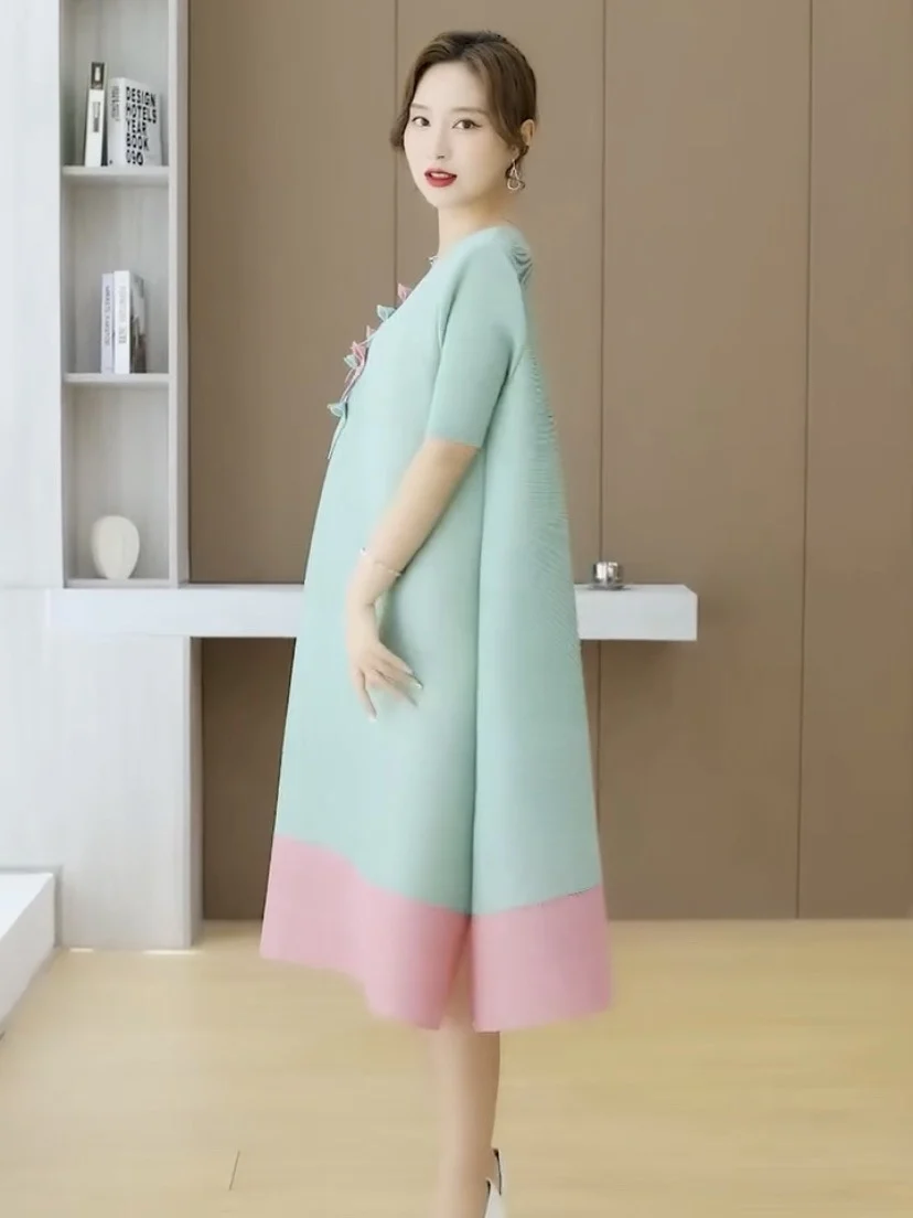 ฤดูร้อนใหม่พับสีบลอปักหลวมแลดูผอมแฟชั่นมิดิ Dr A-Line กระโปรงรอบนีออร์ต Sve Polyeste...