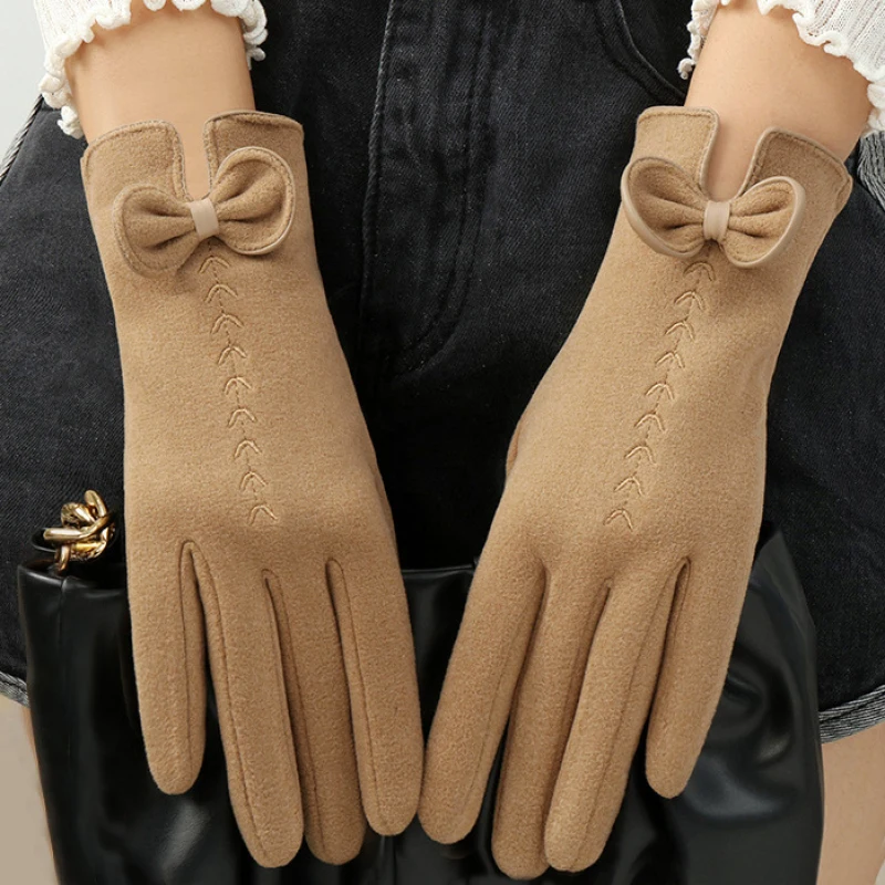 New Fashion Women Winter Keep Warm Touch Screen Bow Embroidery Thickening Exquisite Elegant Gloves Drive Riding Windproof