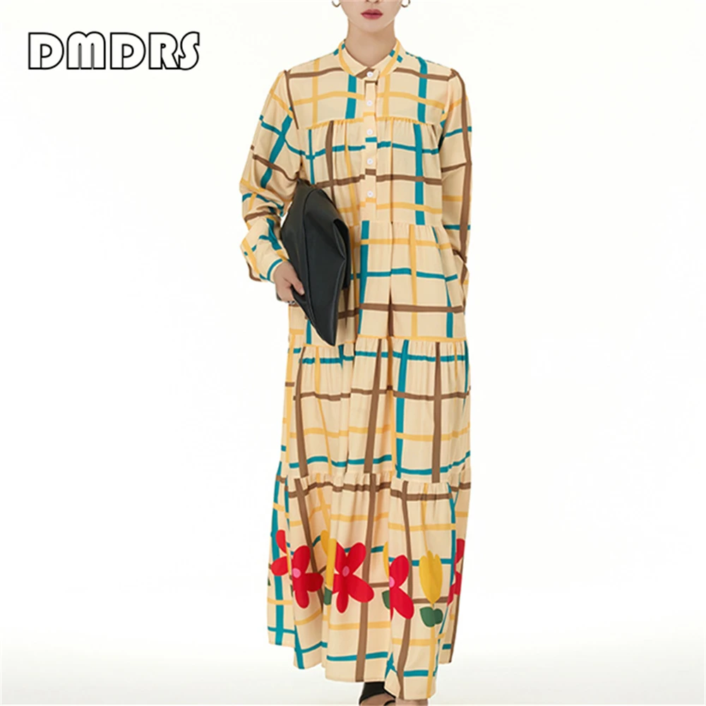 

Irregular Plaid Colorful Over Size Women Shirt Skirt For Summer Long Yellow Beach Dress With Full Sleeves