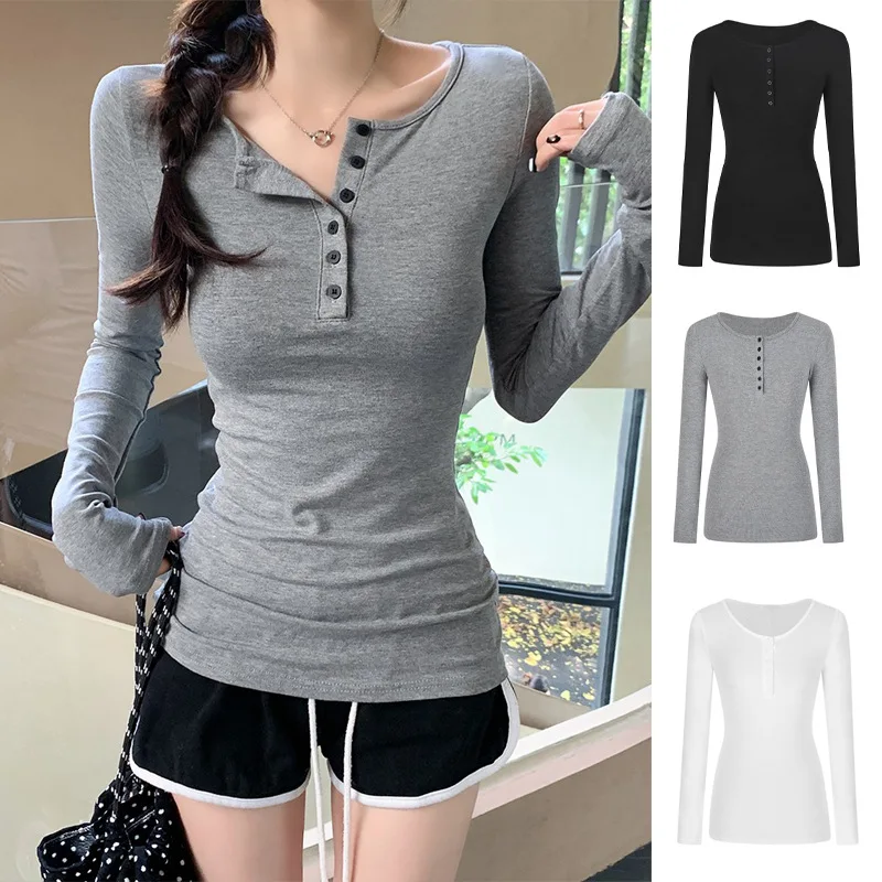

Spring and Autumn New Bottom Shirt Design Semi-open Neck Top Waist Medium and Long Slim Sleeve T-Shirt