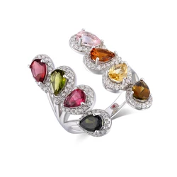 GZ ZONGFA Genuine 925 Sterling Silver Ring for Women Natural Colourful Tourmaline Women Adjustable Ring Fine Jewelry