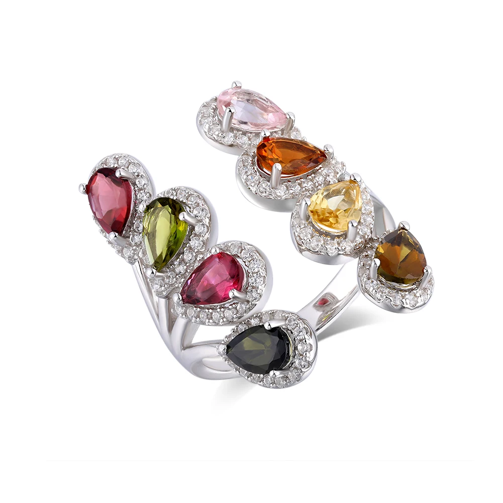 GZ ZONGFA Genuine 925 Sterling Silver Ring for Women Natural Colourful Tourmaline Women Adjustable Ring Fine Jewelry
