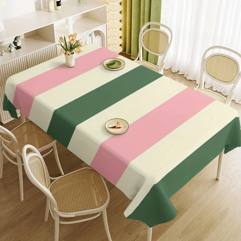 Pink, green and white vertical striped tablecloth. Fresh and gentle style. Rectangular tablecloth decoration.
