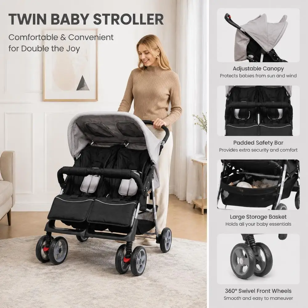 Poussette à double siège de 80 cm, idéale pour les promenades en ville, les sorties en famille, les trajets quotidiens, avec une structure robuste, un confort optimal, un design moderne et une maniabilité facile.