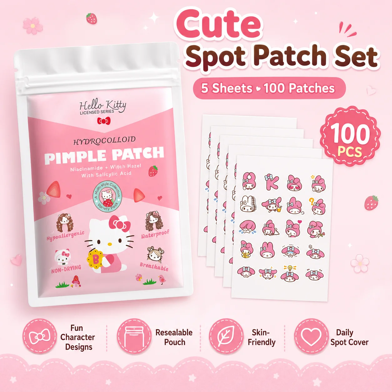 100PCS hello kitty Acne patches, facial acne patches, hydrogel acne removal patches, concealer