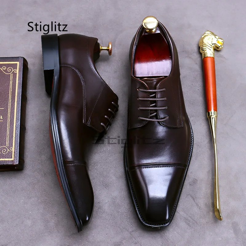 Men's Genuine Leather Dress Shoes Fashionable Classic Three Joint Oxford Shoes Square Head Business Office Casual Oxford Shoes