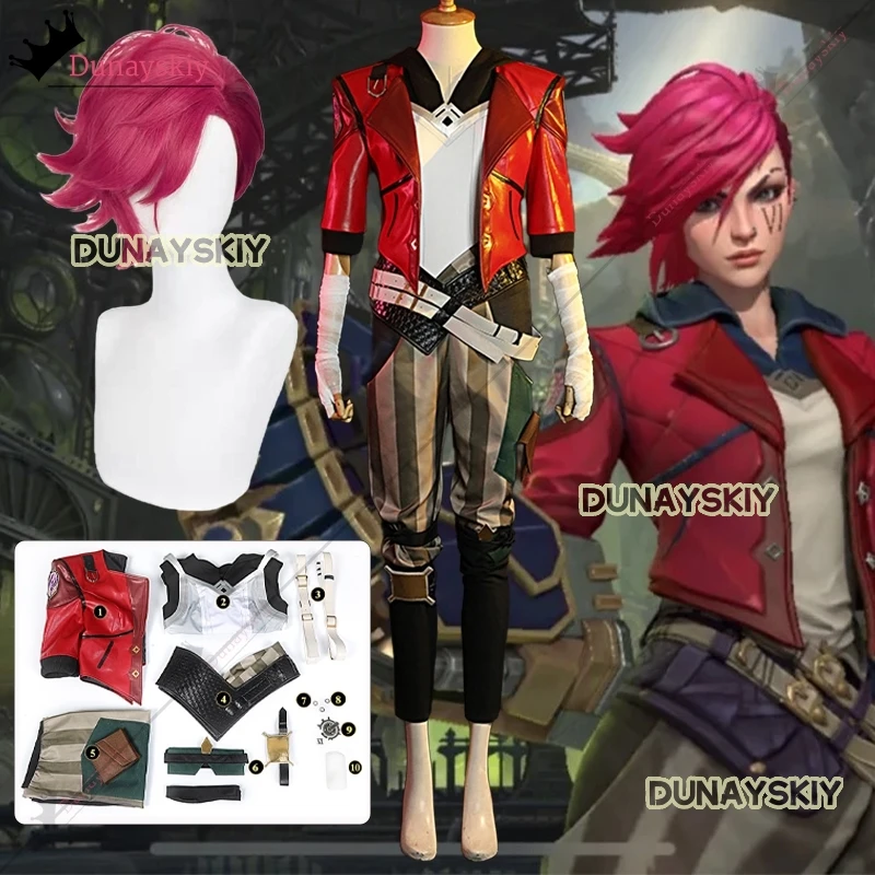 LOL Arcane Vi Cosplay Costume Game Arcane LOL Vi Role-Playing Subdue Red Short Leather Suit Wig Accessory Anime/Halloween Party8