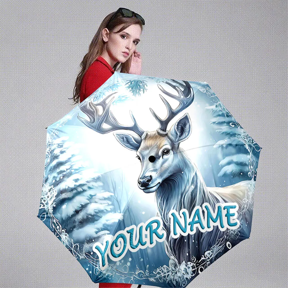 Custom Name Umbrella Personalized Deer Design Umbrella - Winter Forest Theme Portable Folding Umbrella,Christmas Gift