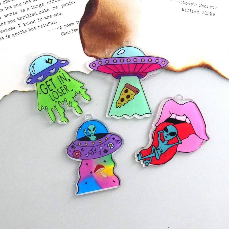 6pcs Unique UFO Alien Saucer Acrylic Earring Charms Pizza Mushroom Fashion Airpods Car Keychain Pendant Jewelry Making Diy