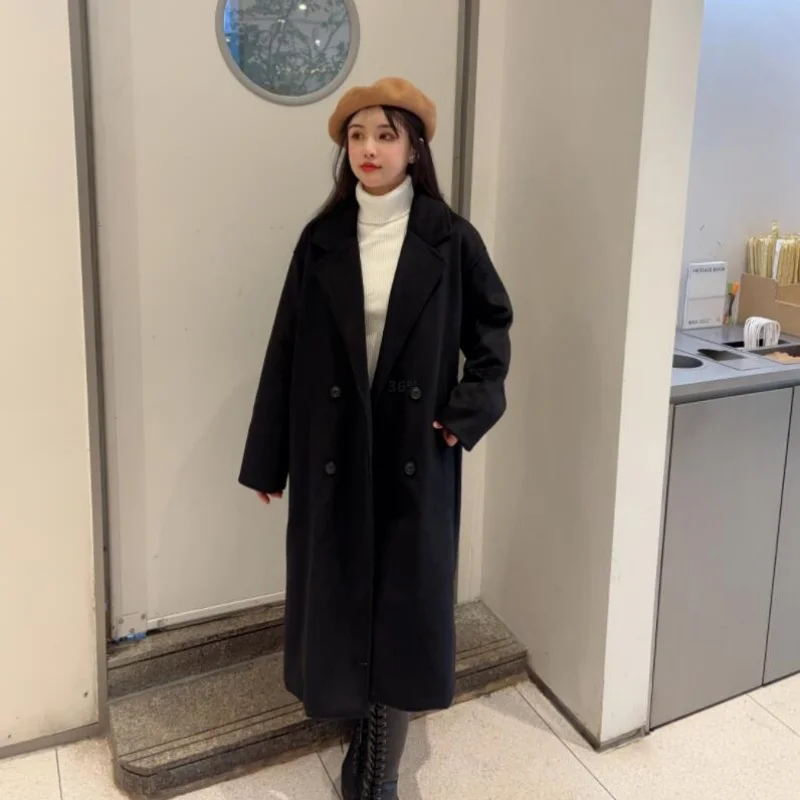 

2025 autumn and winter dark brown double-sided cashmere women's medium long loose woolen coat jacket