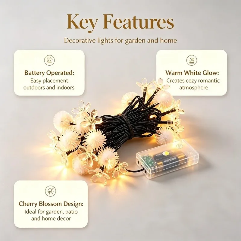 LED Cherry Blossom Ball String Lights, Battery Operated Decorative Lights for Patio Garden Party