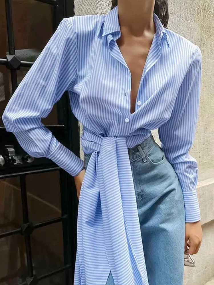 Beautyblue Blue Pink Striped Shirt Women Elegant Blouses Casual Buttoned Pleated Striped Tied Waist Lapel Female Blouses&Shirts