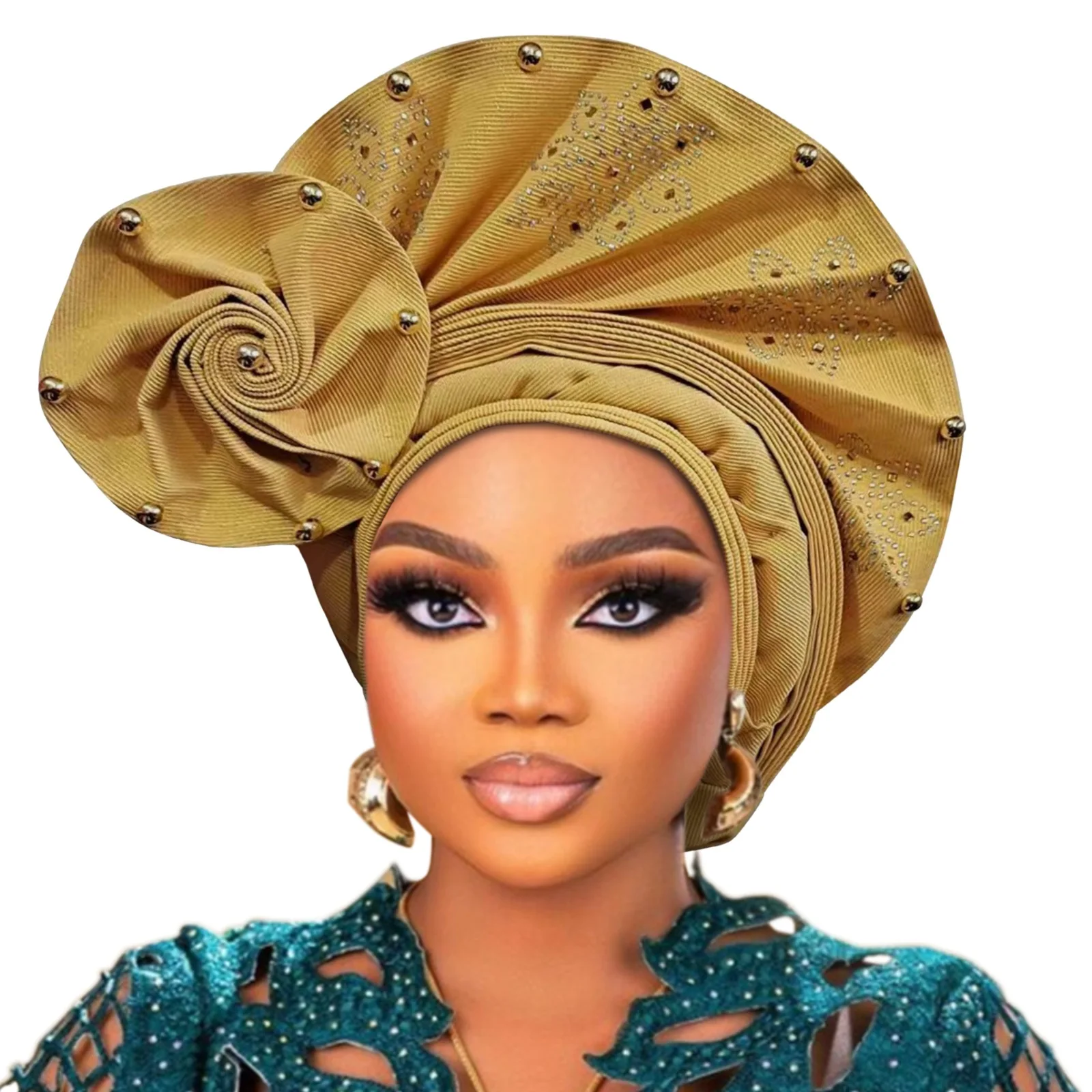 

African Headtie Turban With Beads Design Fan Shape Gele Headwrap Nigerian Traditional Women Cap Auto Gele Headtie Aso Oke Bonnet