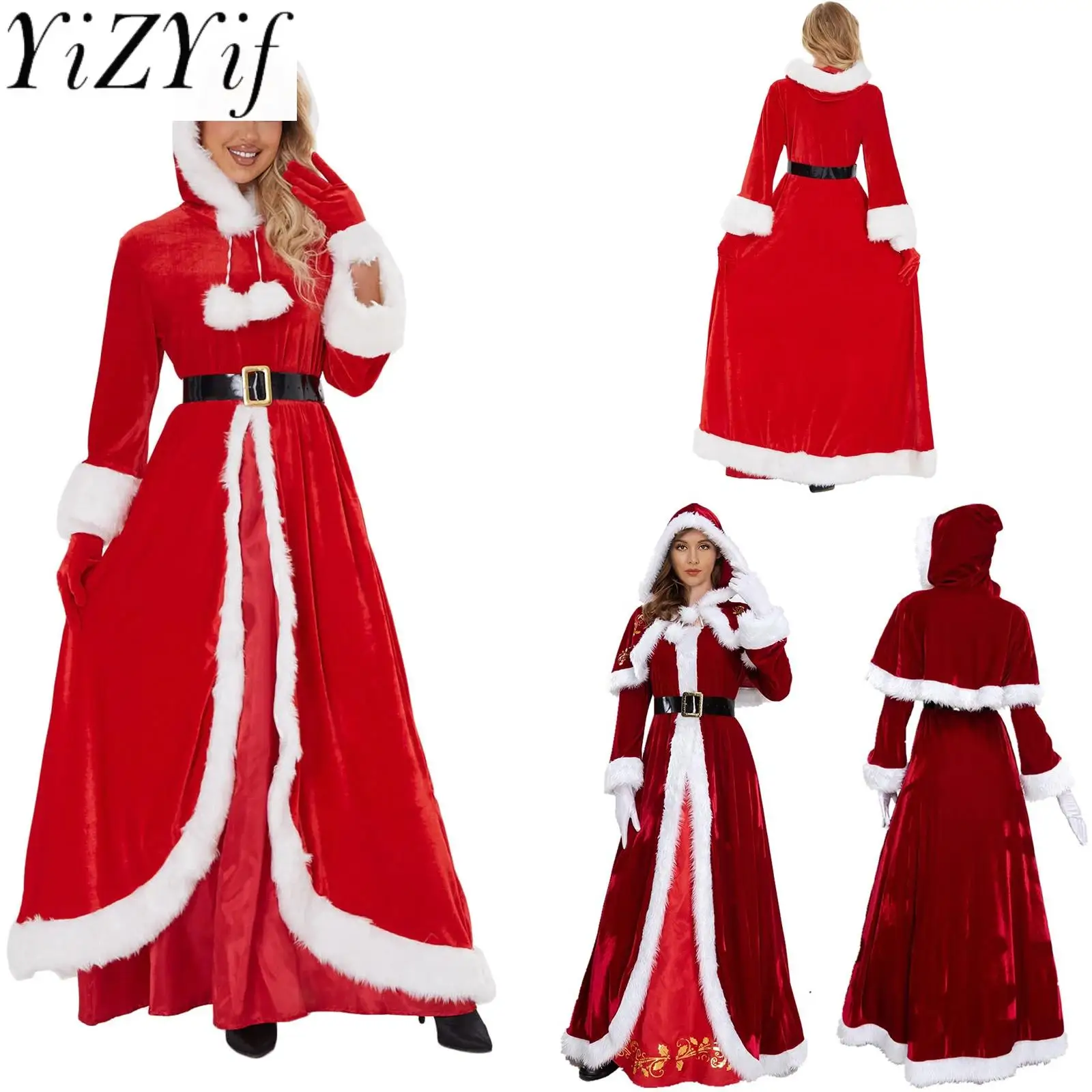 

Womens Christmas Deluxe Mrs Claus Costume Outfit Velvet Maxi Dress Hooded Cloak Cape Gloves Belt for Party Santa Claus Costume