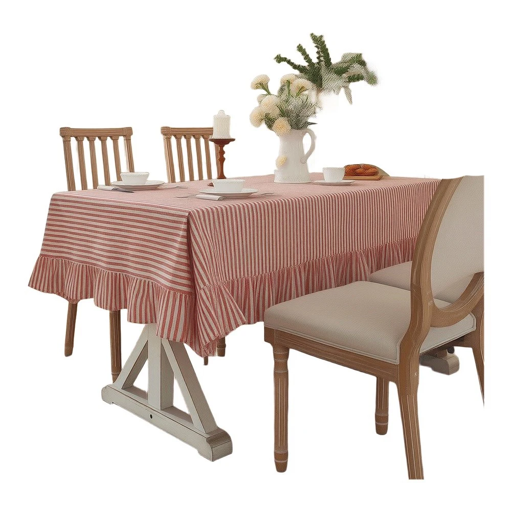Ruffle Edge Striped Table Cover 150x180 cm Linen Blend Fabric for Dining Table Coffee Table Sideboard Dust Protection