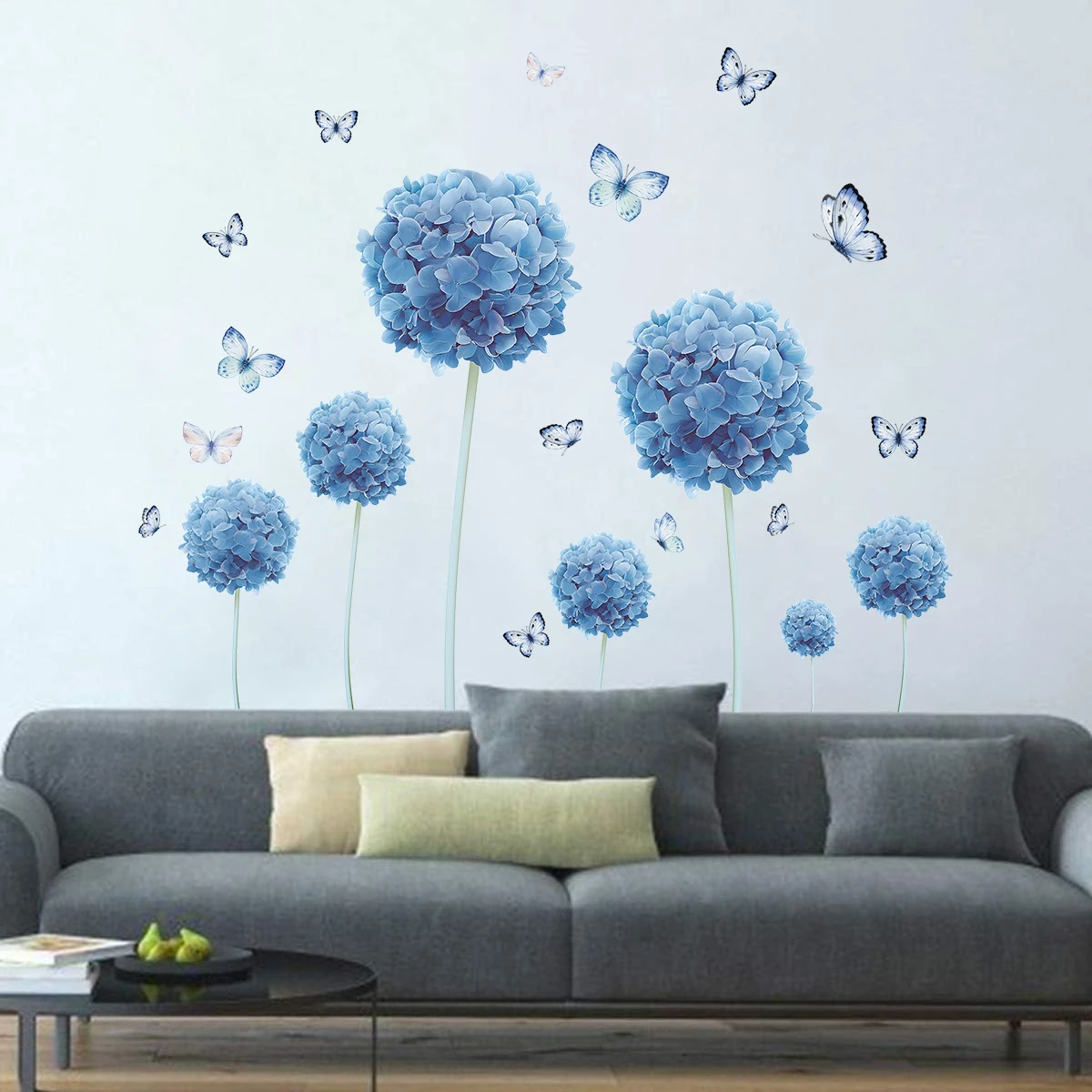 1pcs PVC Watercolor Butterfly Hydrangea Flower Wall Stickers for Living Room Decoration Kids Home Decor Removable Wall Decals