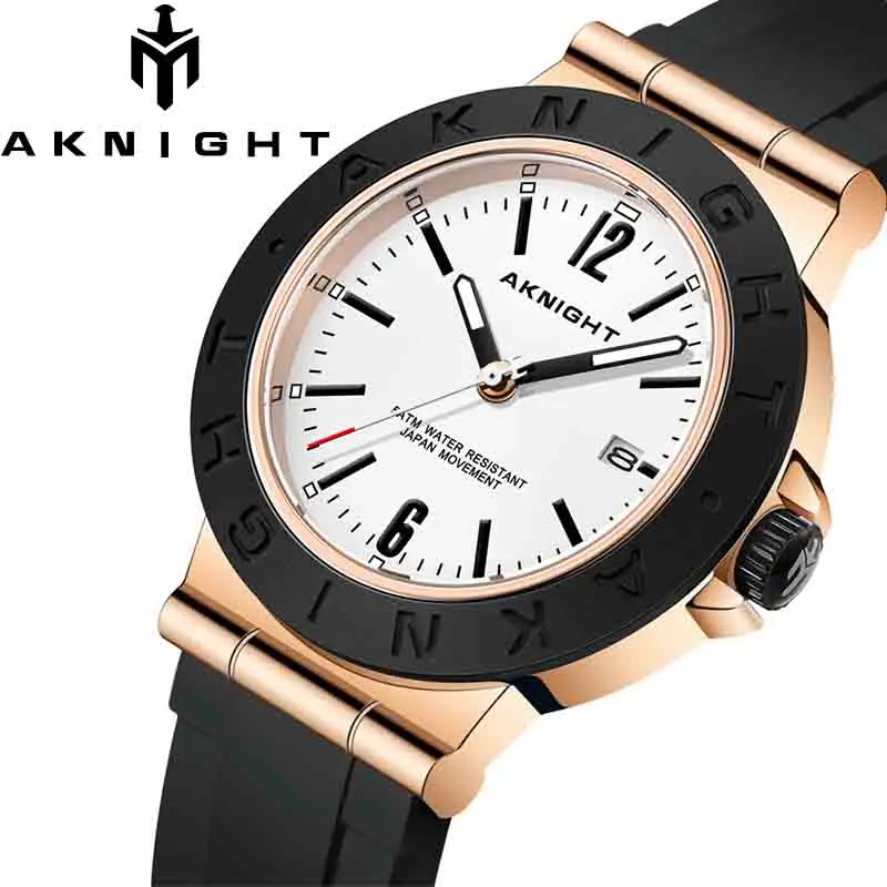 

AKNIGHT New Sport Watch for Man Quartz Movement Silicone Strap Waterproof Watches Black Chronograph with Date Clock Relogio