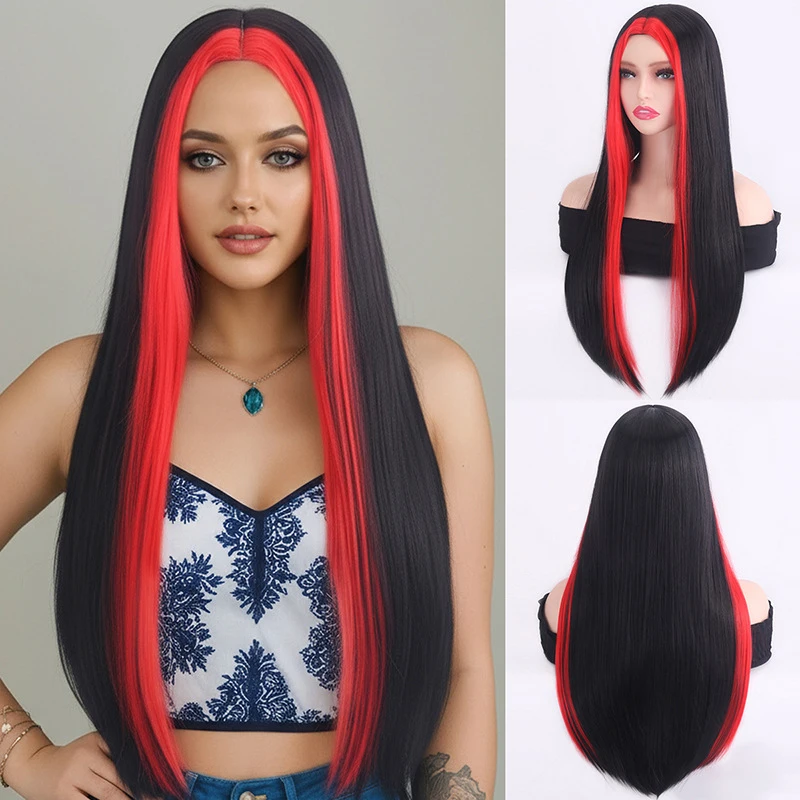 

New Fashionable European American Women's Long Straight Hair Wig with Middle Parting and Color Block Design for Halloween, M