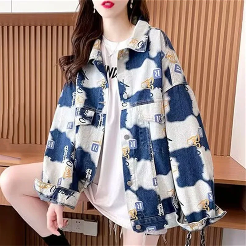 Lazy Wind Female Leisure Denim Jacket Design sense Ladies Printing Cowboy Coat Autumn Women New Long Sleeves Jeans Tops Outwear - Image 5