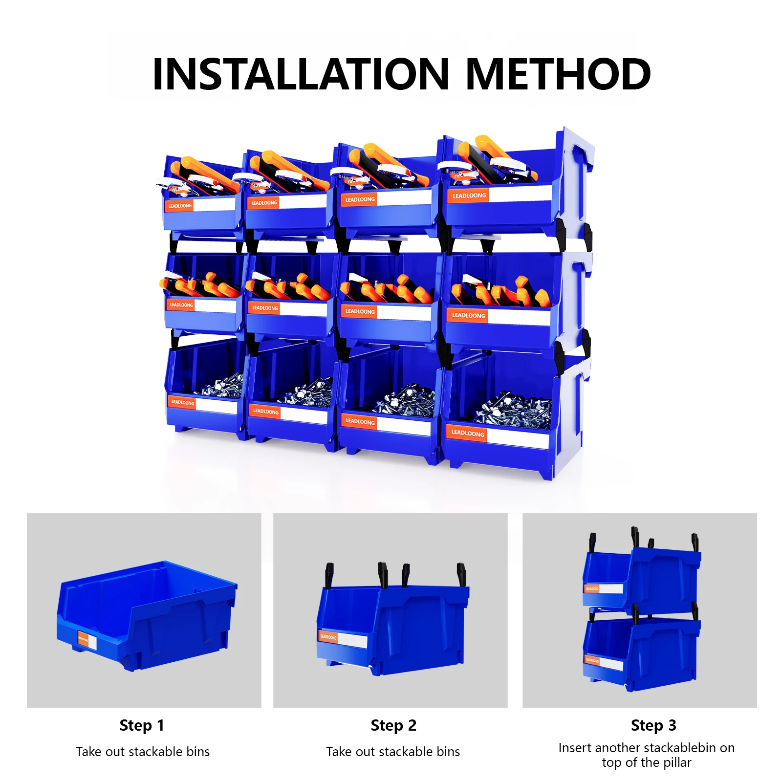 12pcs Plastic Stackable Storage Box, Sundries And Garage Tool Organizer Bin, Suitable For Kitchen Bathroom Garage