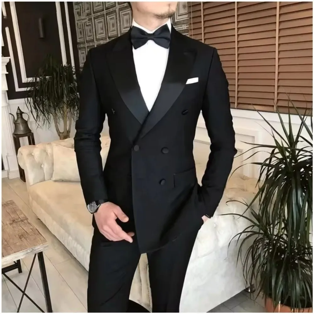 

Black Men's Suit For Weddings Satin Shawl Lapel Double Breasted Groom Dinners Terno Masculino 2 Pieces Custom Jacket Pants