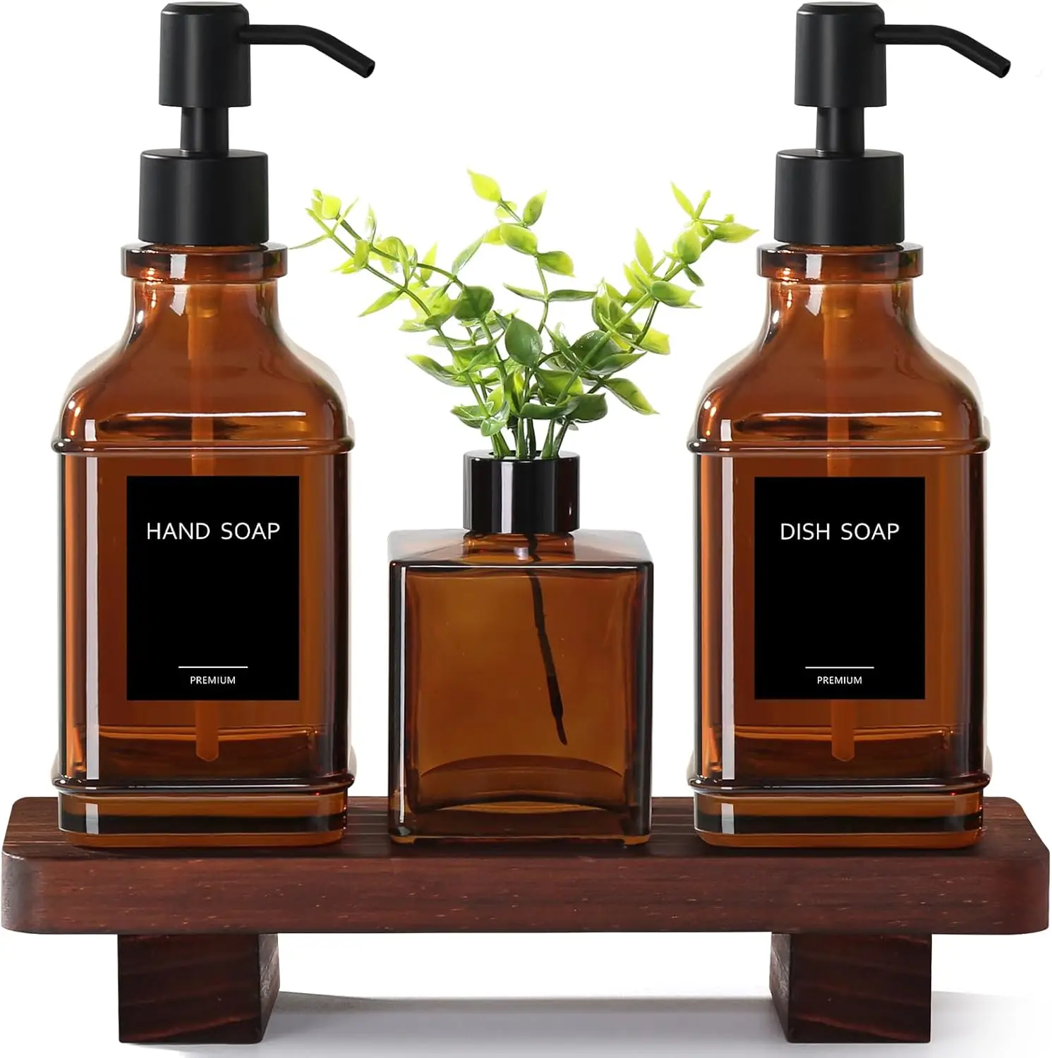 

Amber Glass Soap Dispenser Set with Wood Tray, Farmhouse Kitchen Decor, Refillable Pump Bottles for Hand & Dish Soap