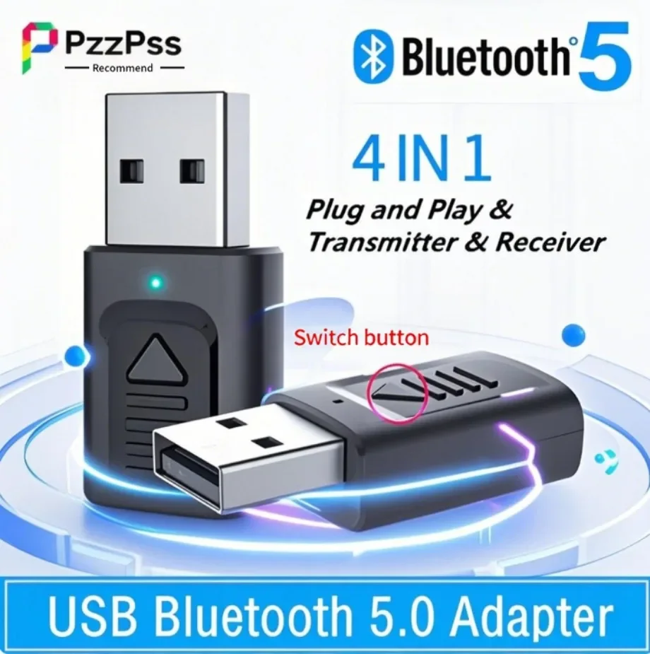 PzzPss USB Bluetooth 5.0  4-IN-1 Adapter (Tx/Rx) - Wireless Audio Dongle AUX/RCA/USB/3.5mm for PC/TV/Car | Home/Car Stereo