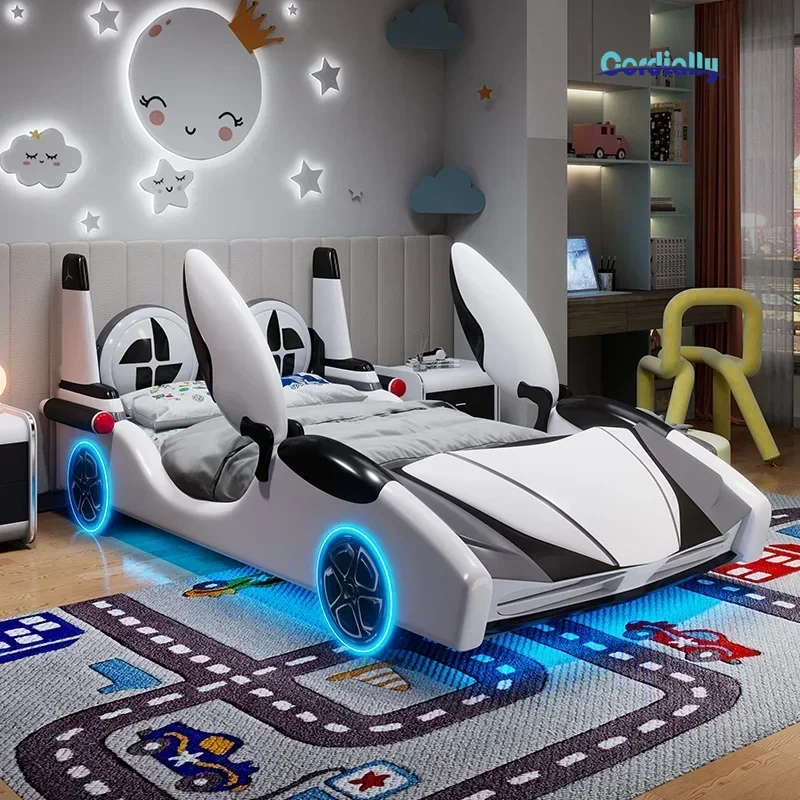 Opening Doors Children Car Bed Colored Lights Wheels Bluetooth Sound System Kids Bed Boy Base Frame Bedroom Furniture