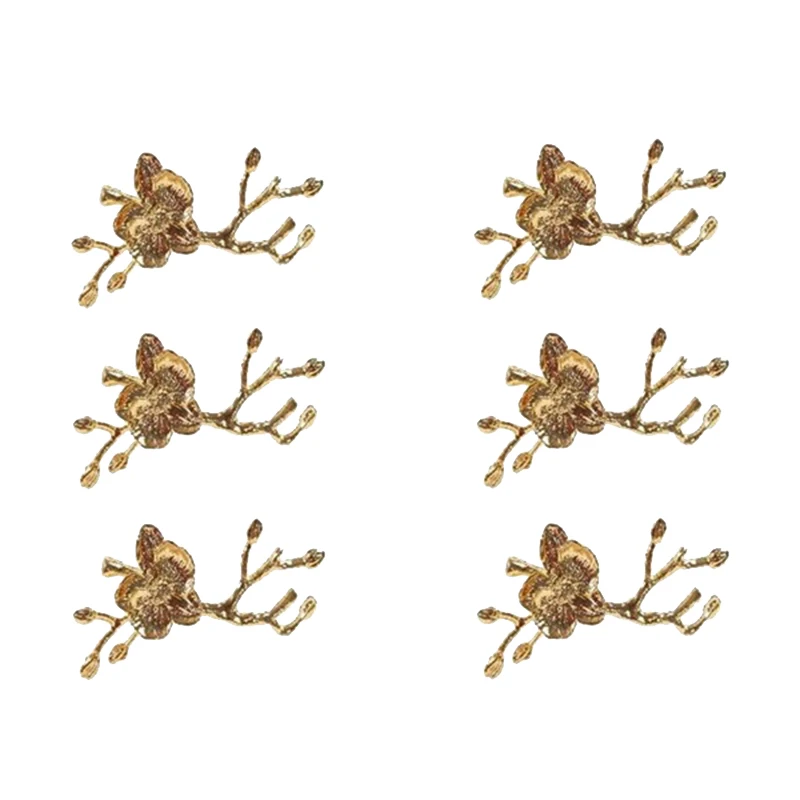 Plum Blossom Branch Design Napkin Holder Napkin Ring Western Towel Ring Hotel Table Decoration Set of 6-Gold