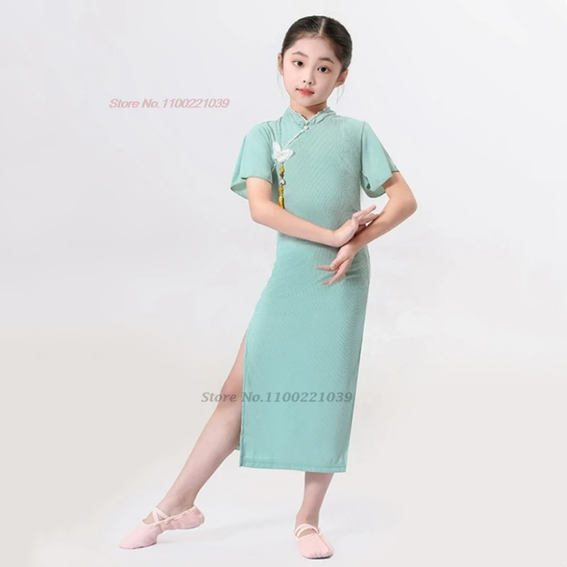 

2025 chinese vintage folk dance suit traditional girl a-line cheongsam mesh qipao oriental stage performance practice qipao