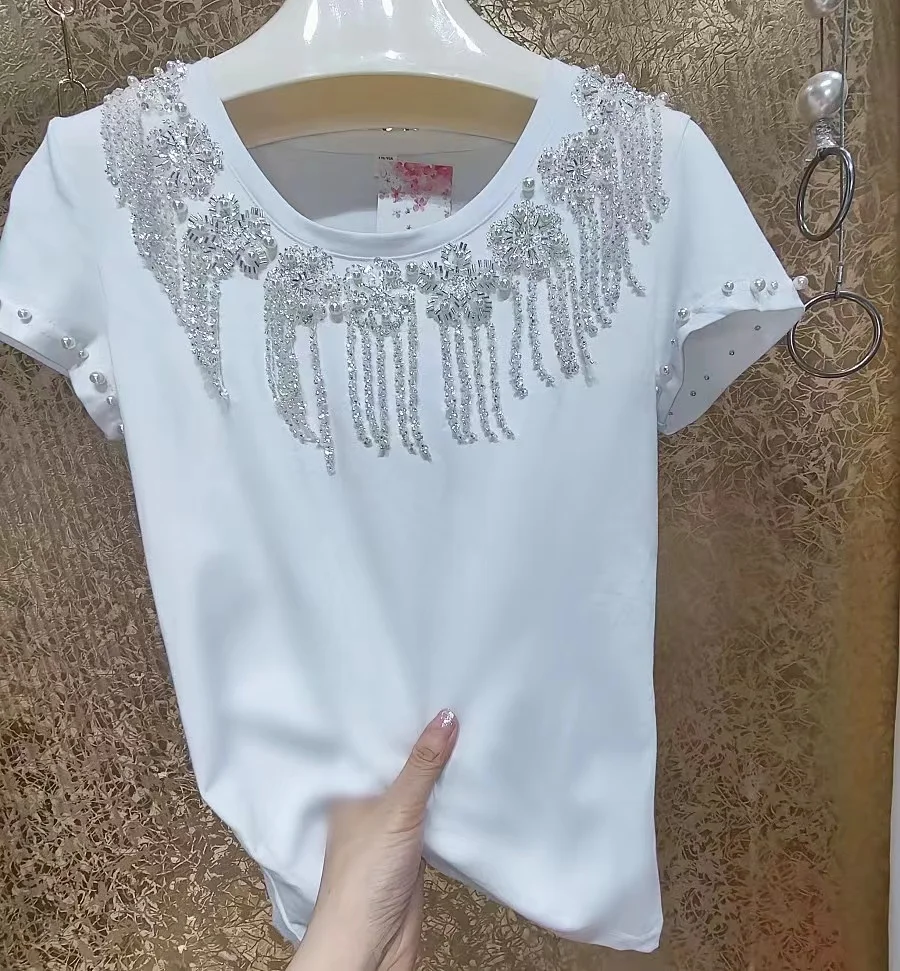 Luxury Beading Sequined Tassel Cotton T-shirt for Women New 2024 Summer O Neck Short Sleeve White Tops Tees T Shirt Femme