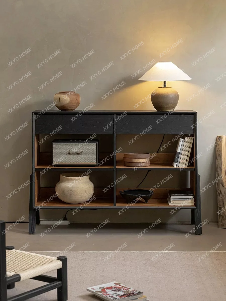 Wabi Sand wind carbonized black bucket  solid wood dining sidetea cabi tea room cabin storage cabine