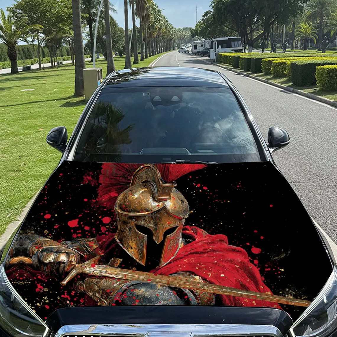 

Warrior with Spartan Helmet Car Vinyl Wrap, PVC Material Waterproof Car Hood Sticker, Self-Adhesive Scratch-Resistant Stickers f