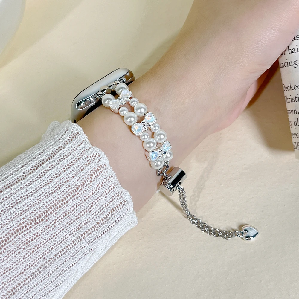 

Jewelry Bowtie Pearl Strap For Apple Watch 10 Band 42mm 41mm 45mm 46/44mm 40mm Women Watchband Bracelet Belt For iWatch 9 8 SE 7