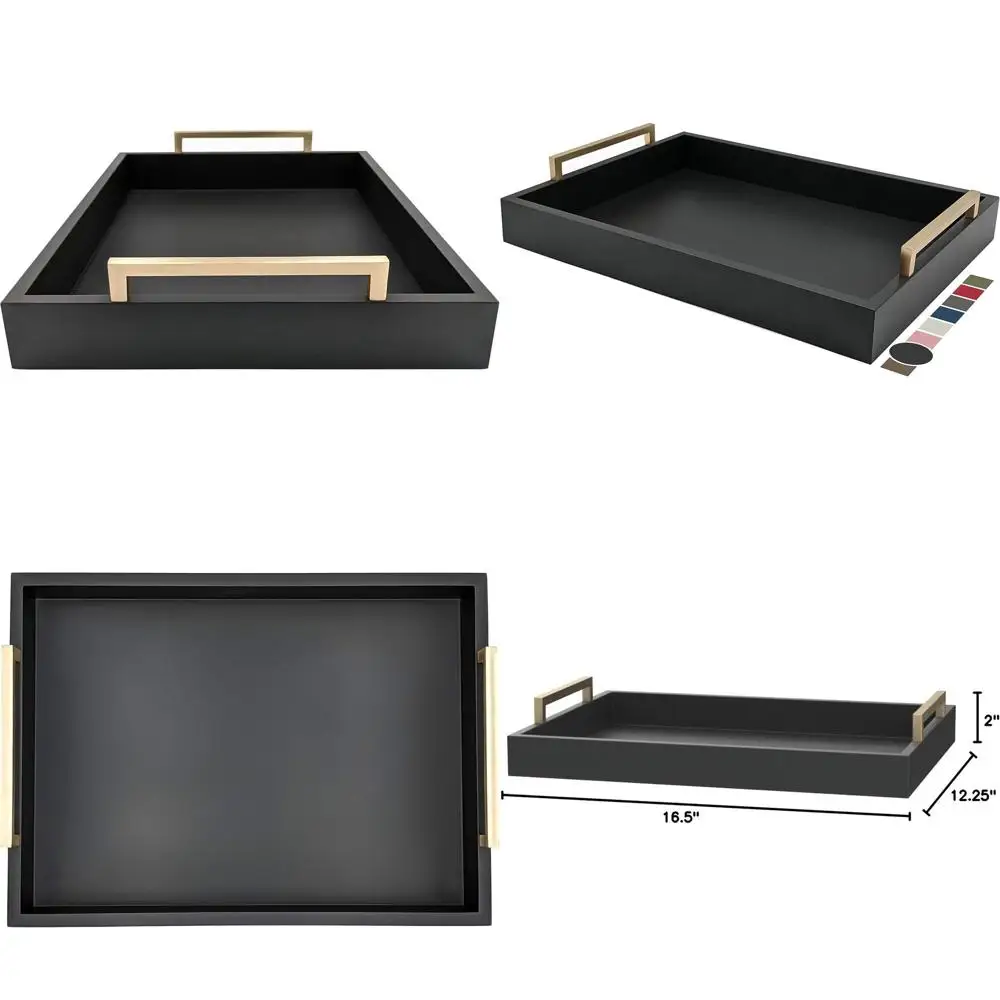 

Поднос-оттоманка с ручками цвета шампанского золота — элегантное блюдо для подачи завтрака, напитков и крепких напитков — матовая отделка в цвете «черный атлас»