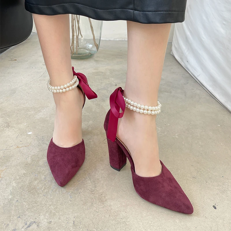 

ZOOKERLIN 2024 New Luxury Pearl Beading Chain Chunky High Heels Pumps Woman Shoes String Bead Pointed Women's Pumps Suede Bow