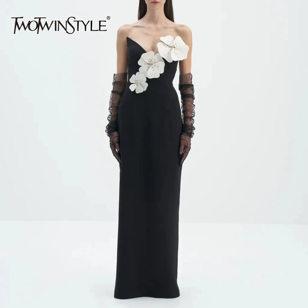 

TWOTWINSTYLE Slimming Spliced 3D Flower Elegant Dresses for Women V Neck Sleeveless Tunic Patchwork Bead Long Dress Female New