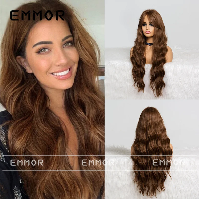 Women's with Bangs, Brown Long Curly Hair, Big Waves, High-Temperature Synthetic Fiber Wig
