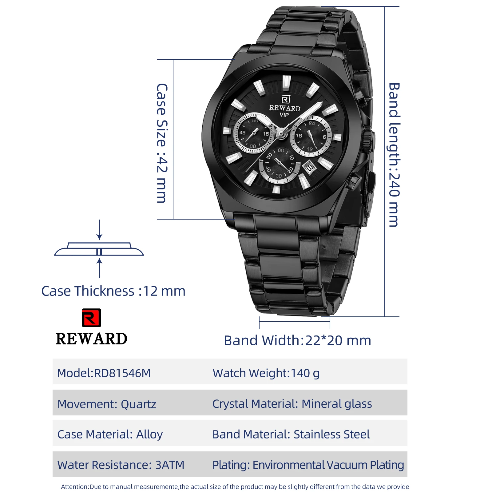 REWARD VIP Mens Wrist Watches Black Business Stainless Steel Wristwatch Chronograph Luminous Waterproof Date Sport Watch for Men