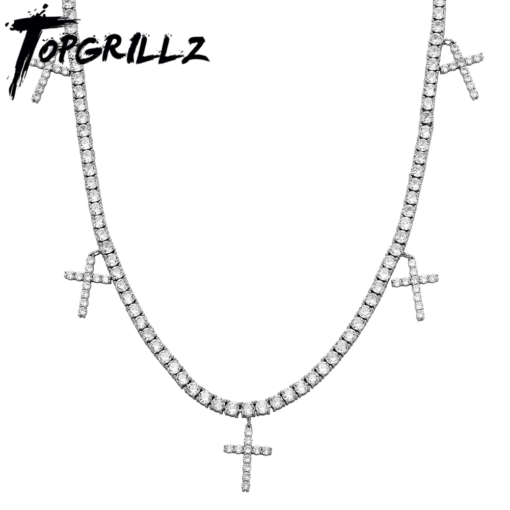 

TOPGRILLZ Classic 4mm Tennis Chain With Classic Cross Pendants Womens Choker Necklace Hip Hop Fashion Jewelry For Party Gift