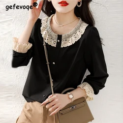 Abbigliamento donna Vintage pizzo Patchwork elegante camicetta stile coreano camicia a maniche lunghe nera Casual dolce Chic top donna Blusas