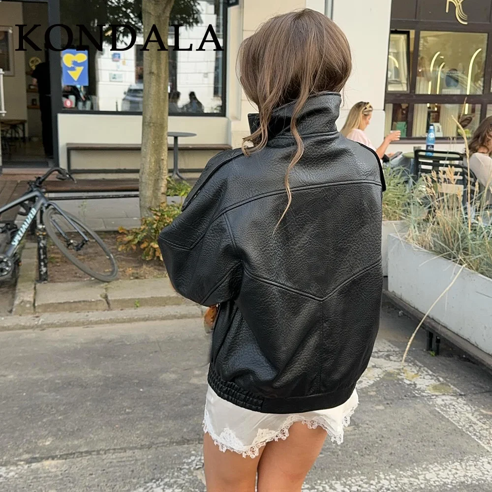 KONDALA 2025 automne hiver Faux cuir femmes Vintage manteaux mode Streetwear fermeture éclair col rabattu noël dames cuirs