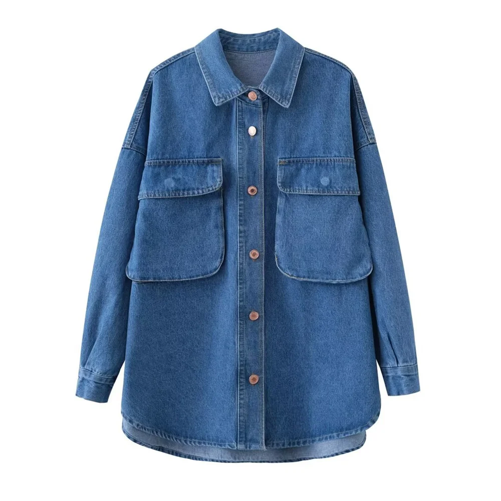 Spring new women's loose pocket decoration, patch bag decoration, denim shirt jacket