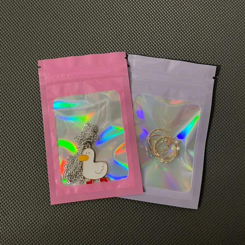 50pcs Thick Smell Proof Mylar Bags Laser Color Plastic Resealable Odor Proof Bags Holographic Pouch Bag with Clear Window