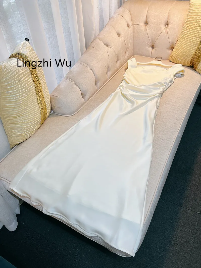 Lingzhi Wu French Design Slash Neck Off The Shoulder Dress Folds Slim Waist White Long Vestidos Satin Bud Fish Tail New Arrival