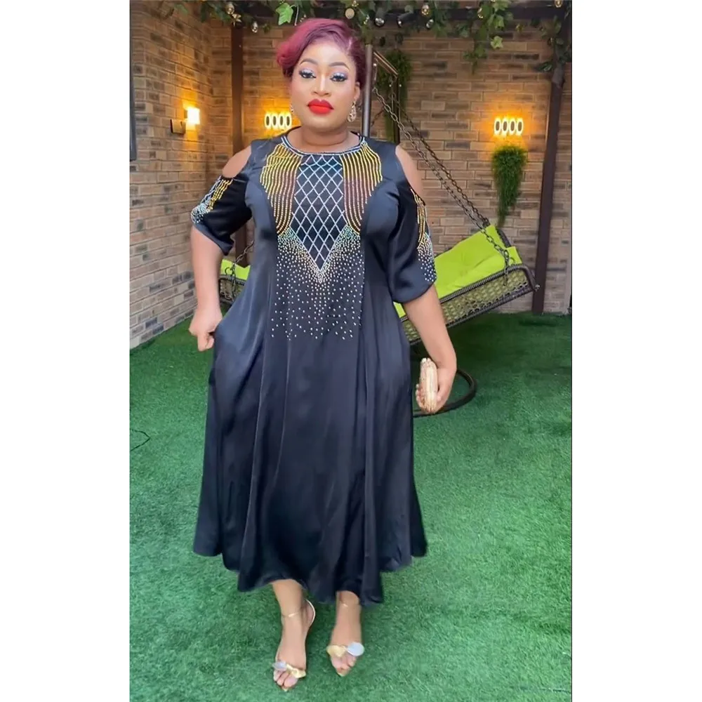 

2024 African Women's Plus-size Spring and Summer New Off-the-shoulder Five-quarter Sleeve Drill Dress S9915